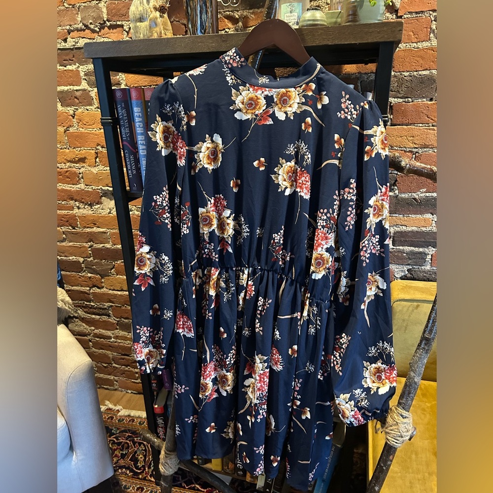 High neck long sleeve floral minidress